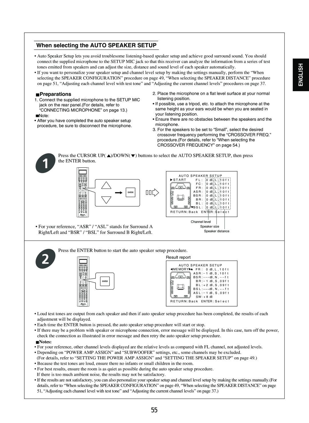 Sherwood R-865 manual When selecting the AUTO SPEAKER SETUP, Preparations, English 