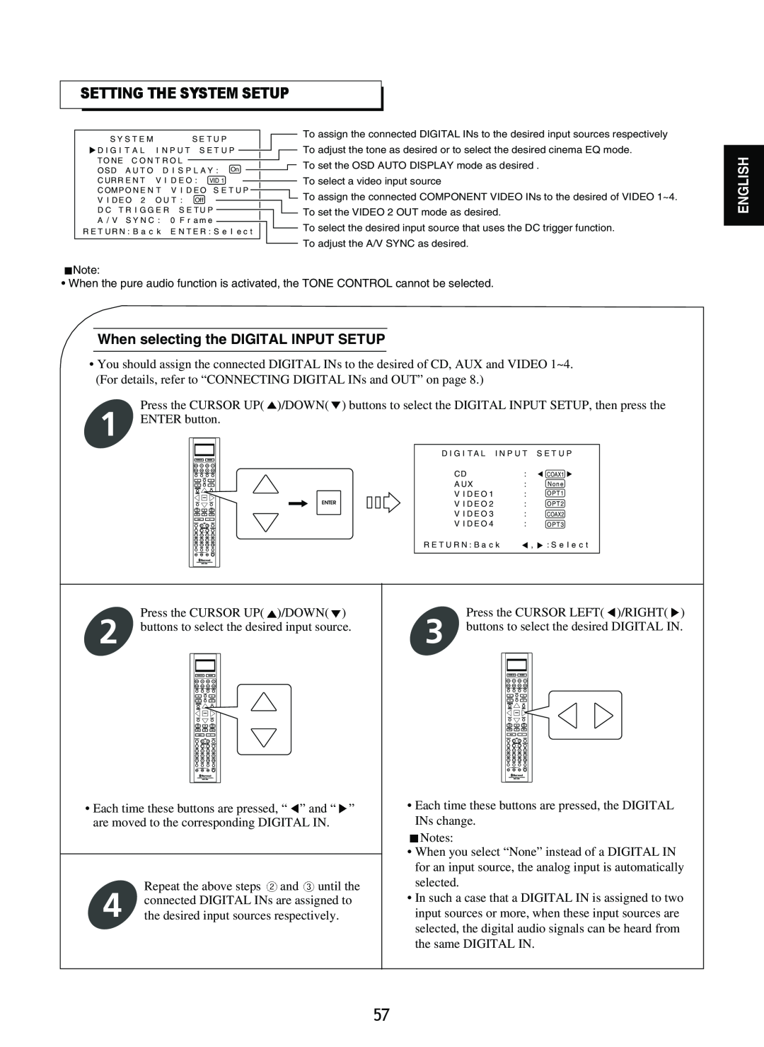 Sherwood R-865 manual Setting The System Setup, When selecting the DIGITAL INPUT SETUP, English 