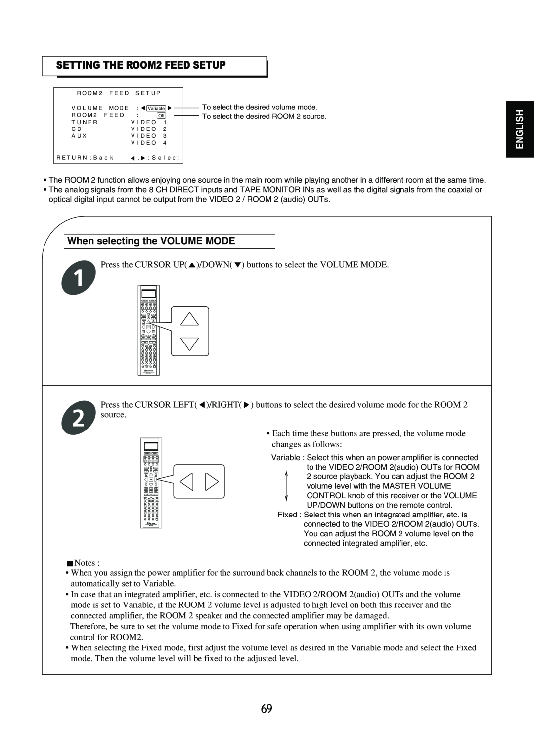 Sherwood R-865 manual SETTING THE ROOM2 FEED SETUP, When selecting the VOLUME MODE, English 