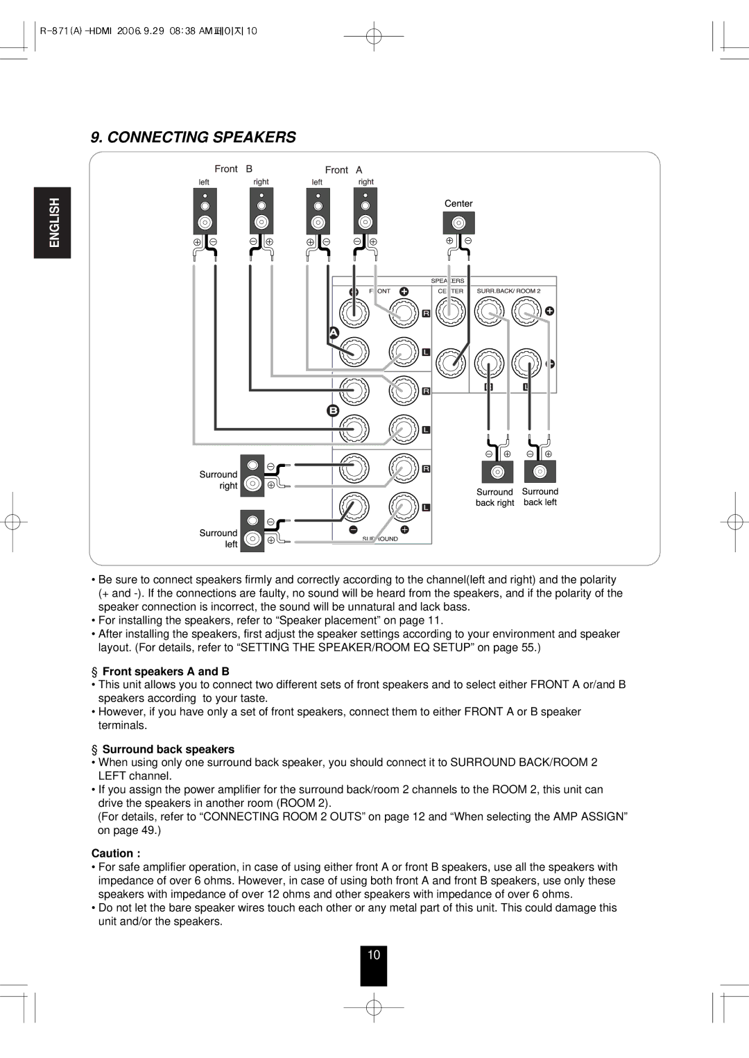 Sherwood R-871 manual Connecting Speakers, Front speakers a and B, Surround back speakers 