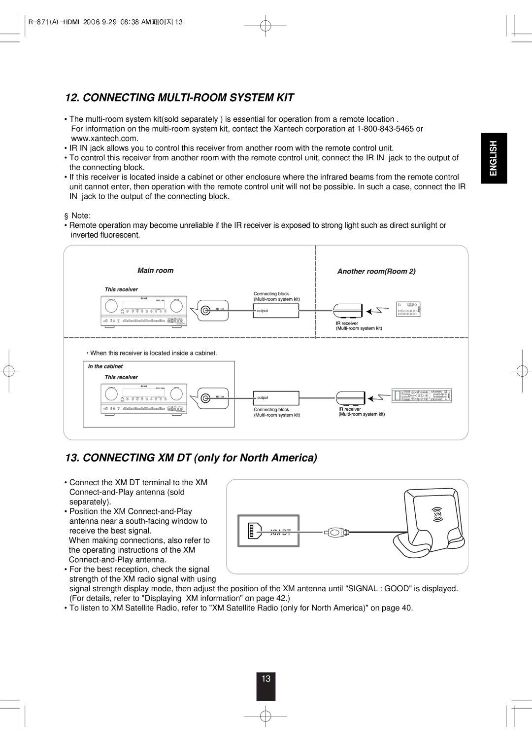 Sherwood R-871 manual Connecting MULTI-ROOM System KIT, Connecting XM DT only for North America 