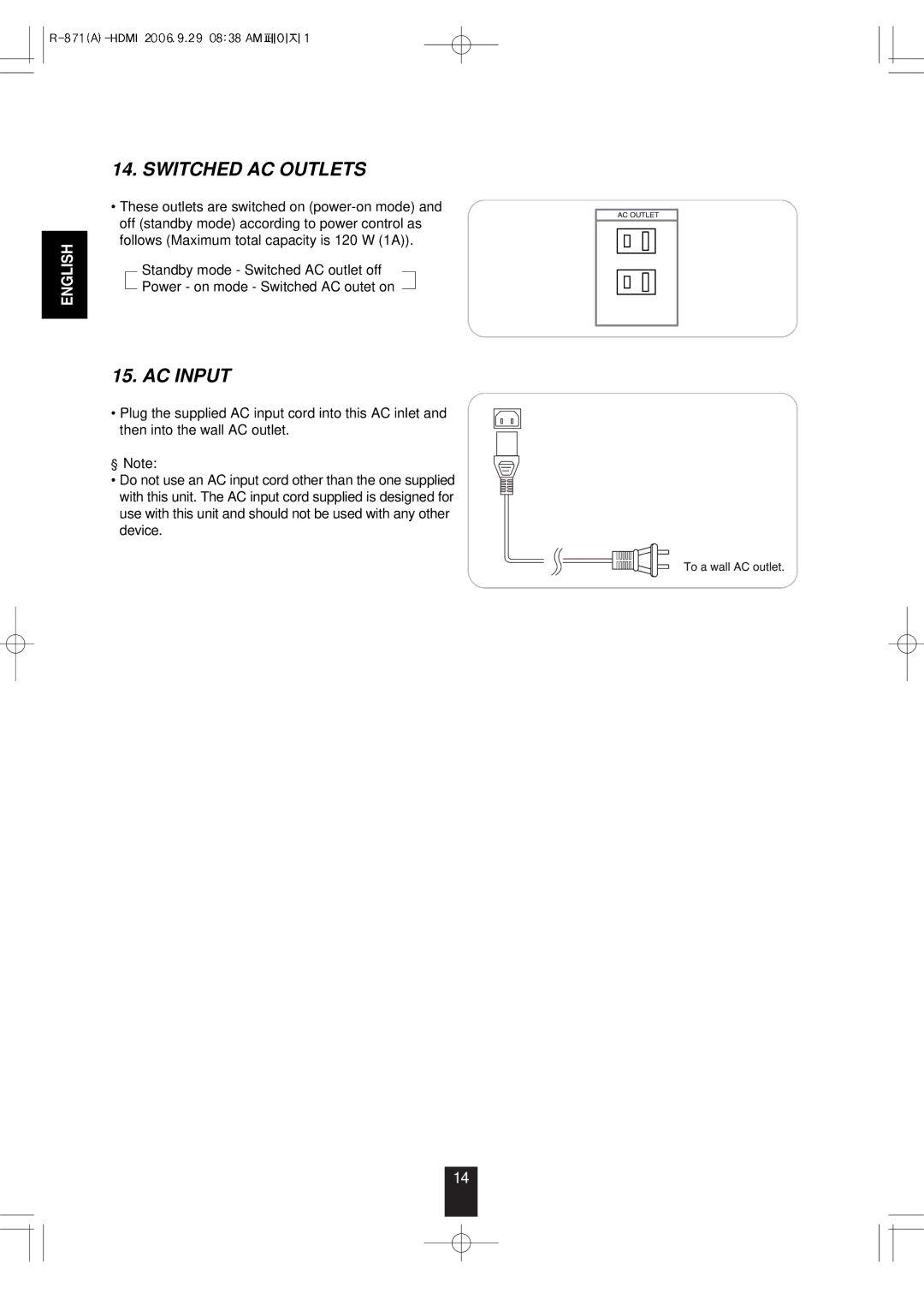 Sherwood R-871 manual Switched AC Outlets, AC Input 