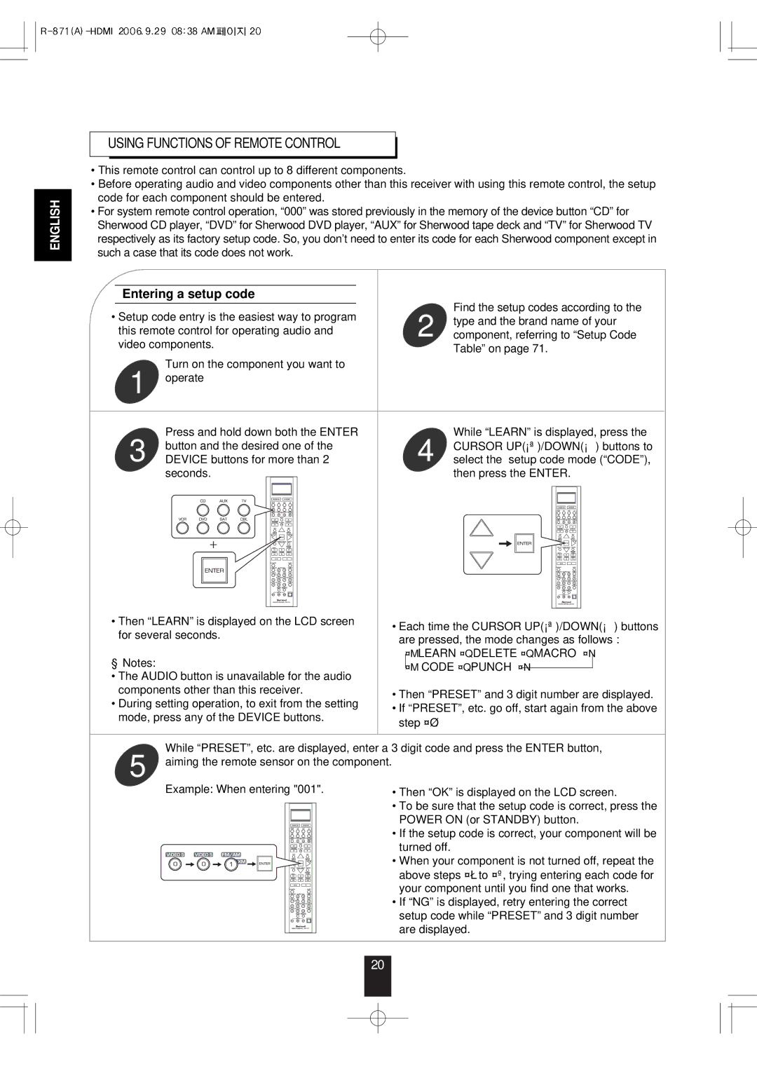 Sherwood R-871 manual Using Functions of Remote Control, Entering a setup code 