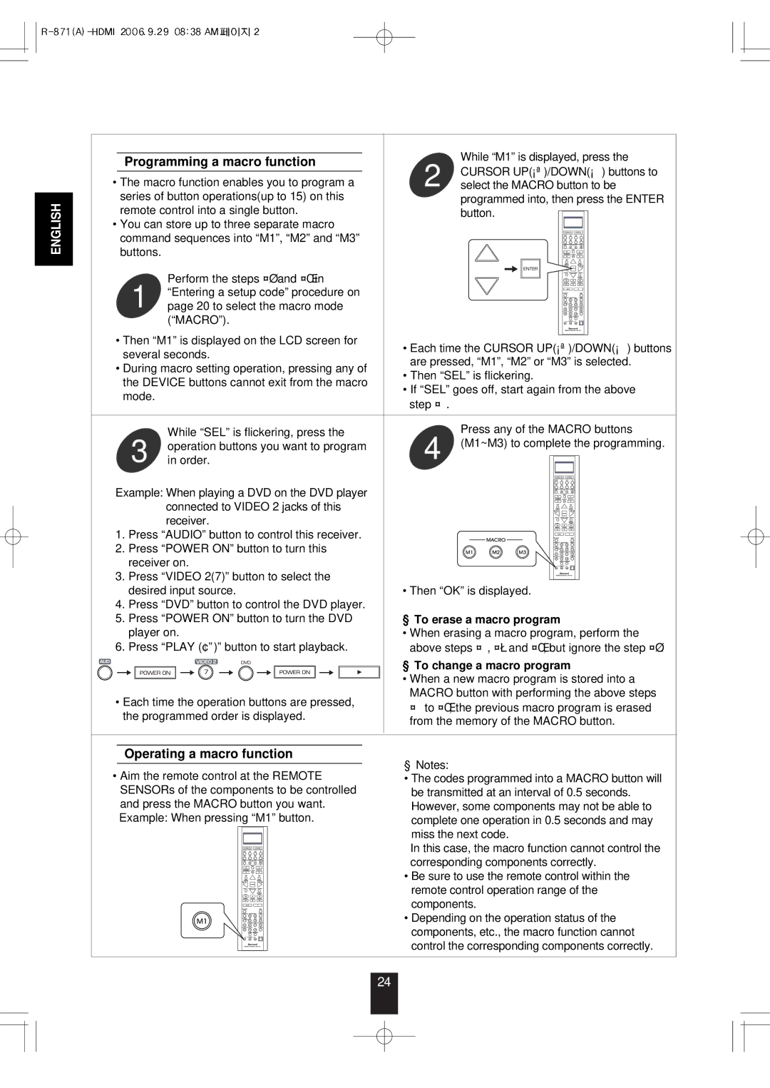 Sherwood R-871 manual Programming a macro function, Operating a macro function, To erase a macro program 