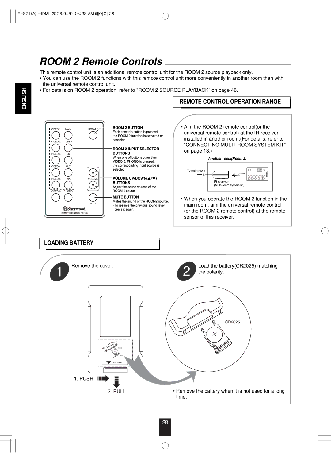 Sherwood R-871 manual Room 2 Remote Controls, Remote Control Operation Range, Loading Battery 