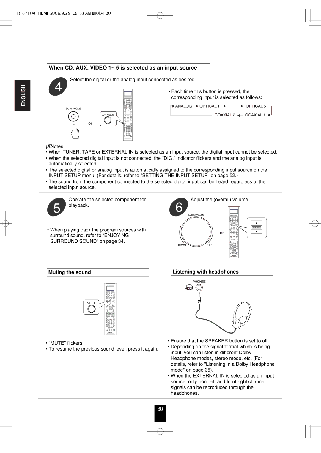 Sherwood R-871 manual When CD, AUX, Video 1~ 5 is selected as an input source, Muting the sound Listening with headphones 