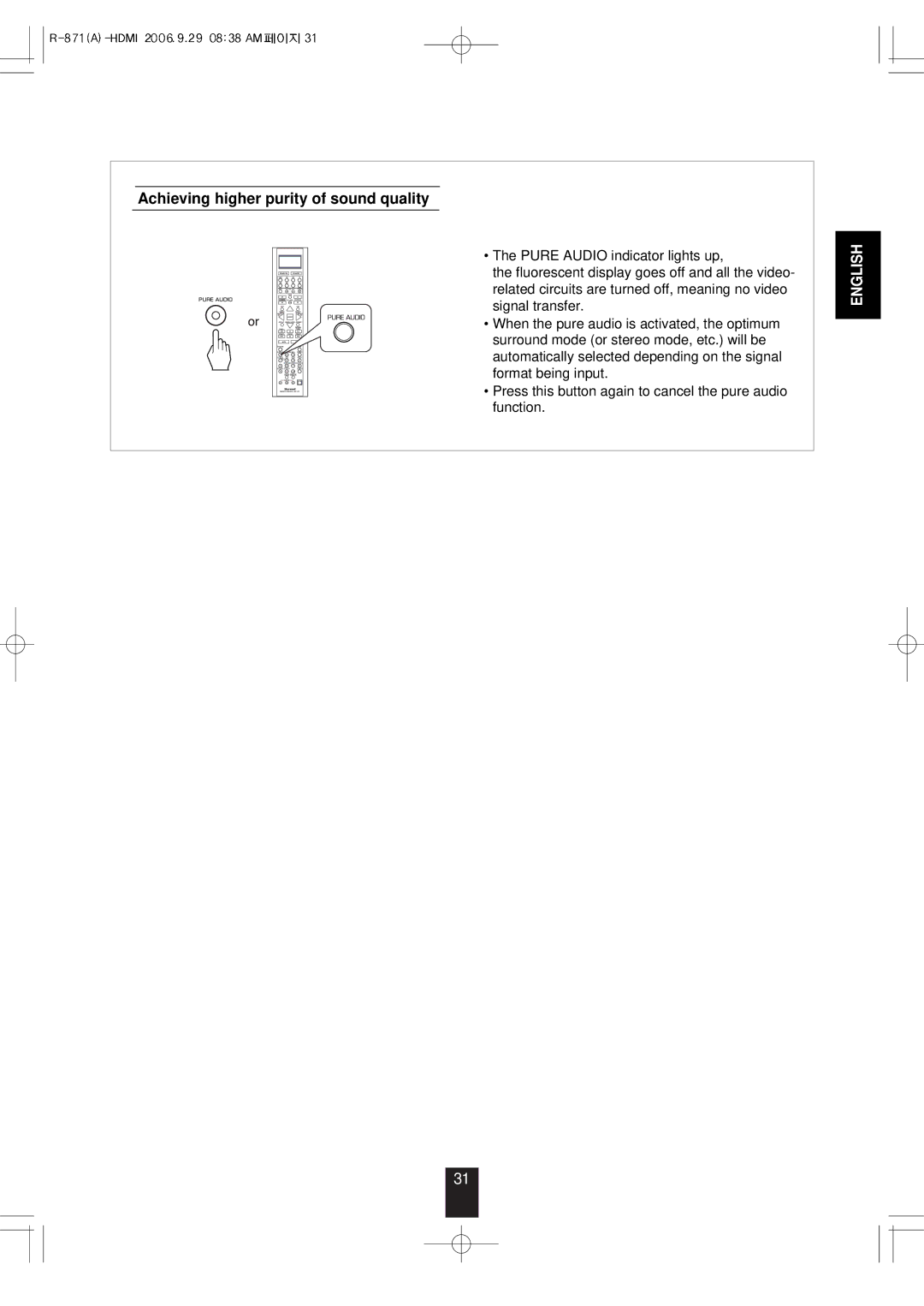 Sherwood R-871 manual Achieving higher purity of sound quality 