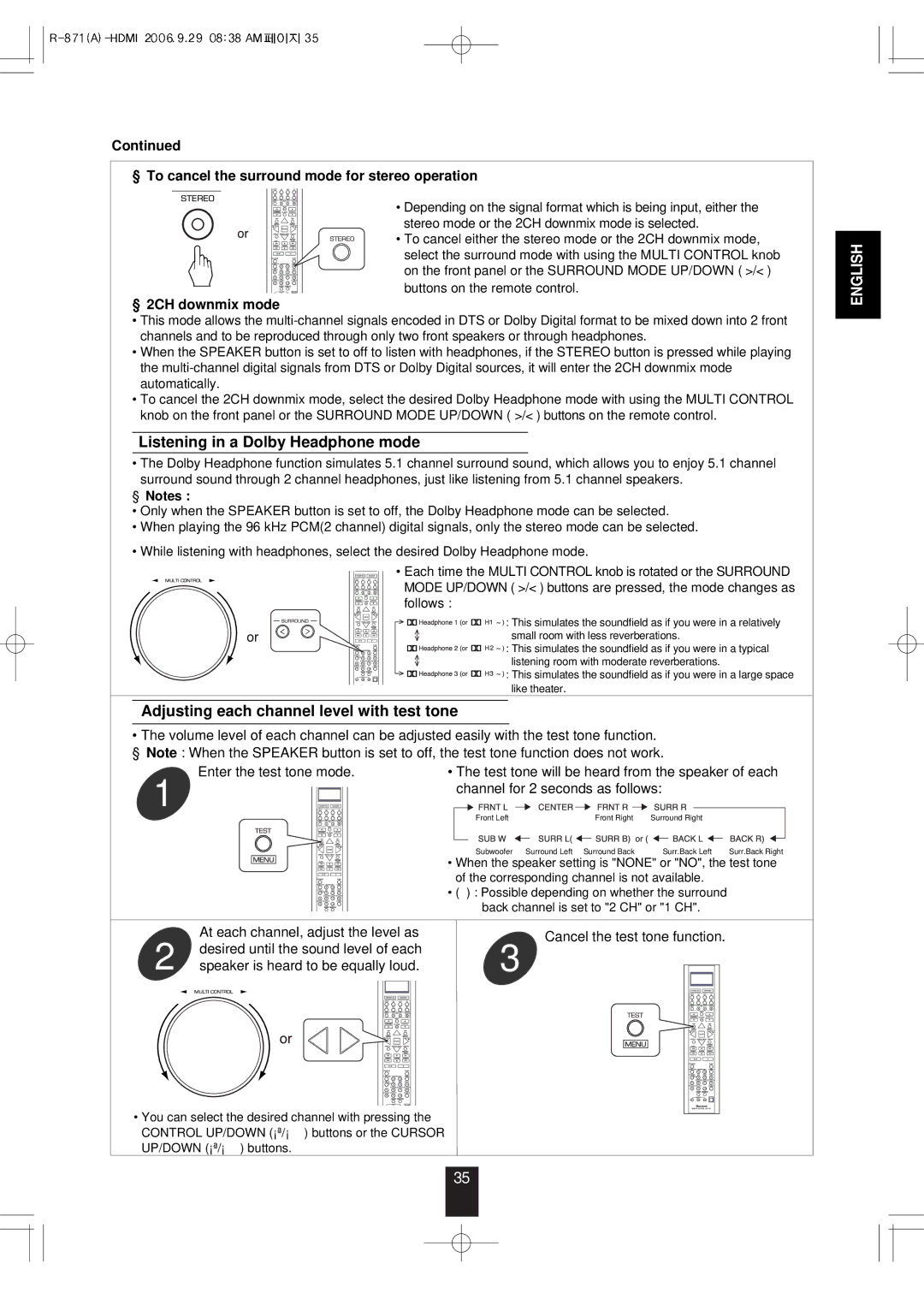 Sherwood R-871 manual Listening in a Dolby Headphone mode, Adjusting each channel level with test tone, 2CH downmix mode 