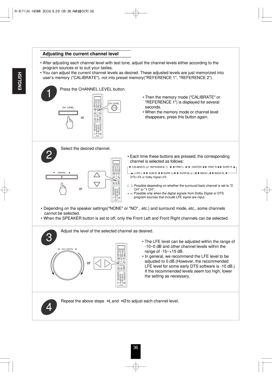 Sherwood R-871 manual Adjusting the current channel level 