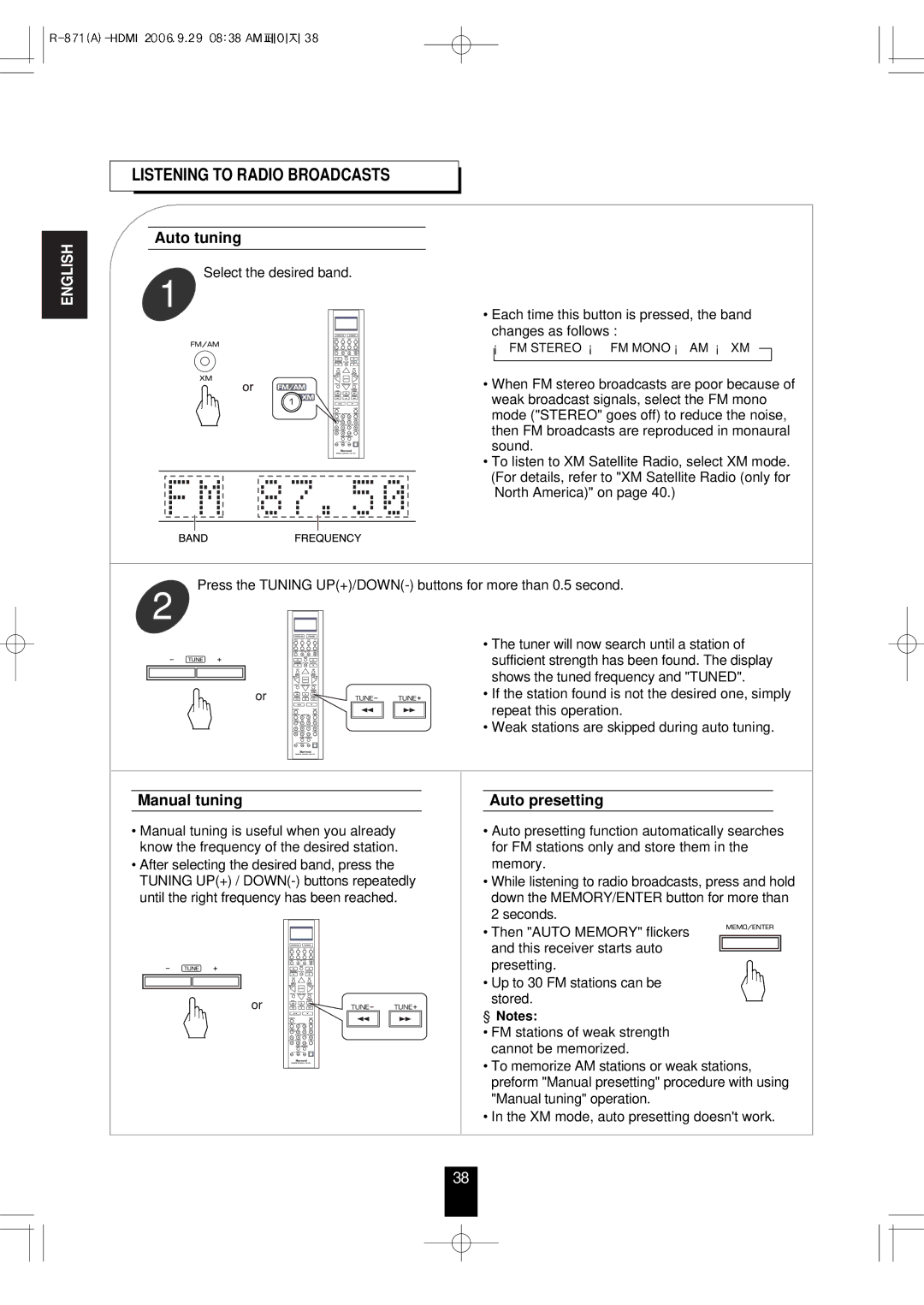 Sherwood R-871 manual Listening to Radio Broadcasts, Auto tuning, Manual tuning, Auto presetting 