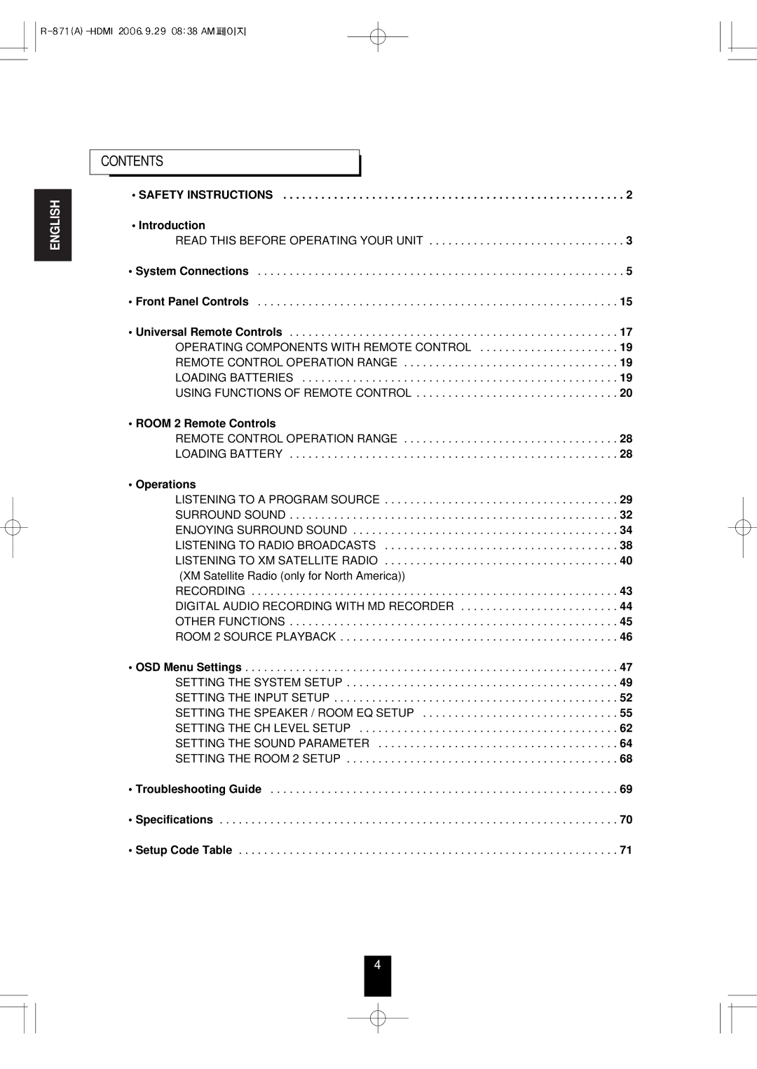 Sherwood R-871 manual Contents 