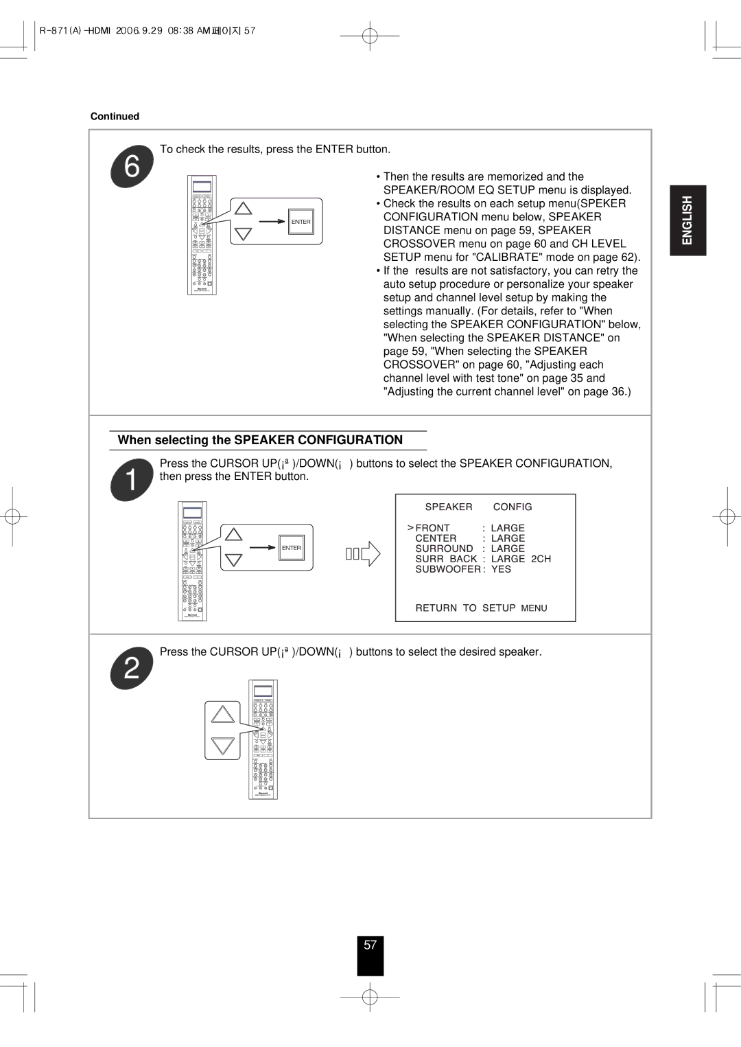 Sherwood R-871 manual When selecting the Speaker Configuration 