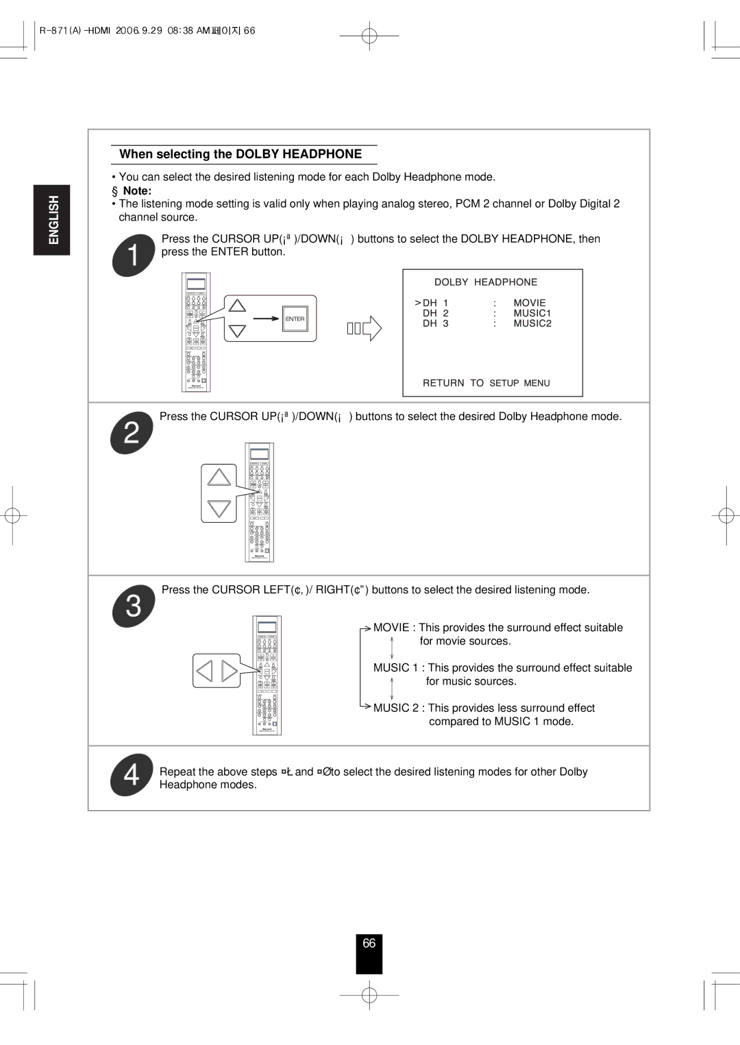 Sherwood R-871 manual When selecting the Dolby Headphone 