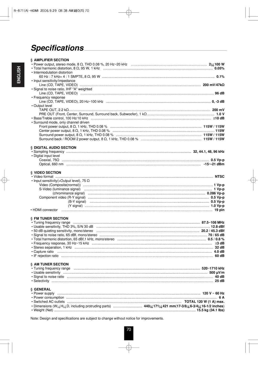 Sherwood R-871 manual Specifications, Amplifier Section 