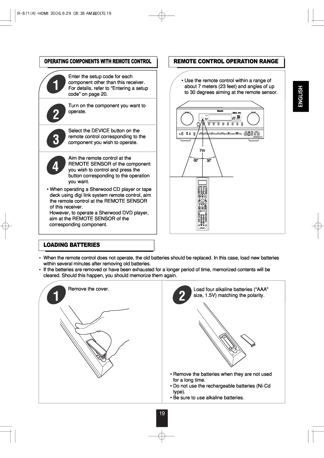 Sherwood R-871 manual Loading Batteries, Remote Control Operation Range, English 