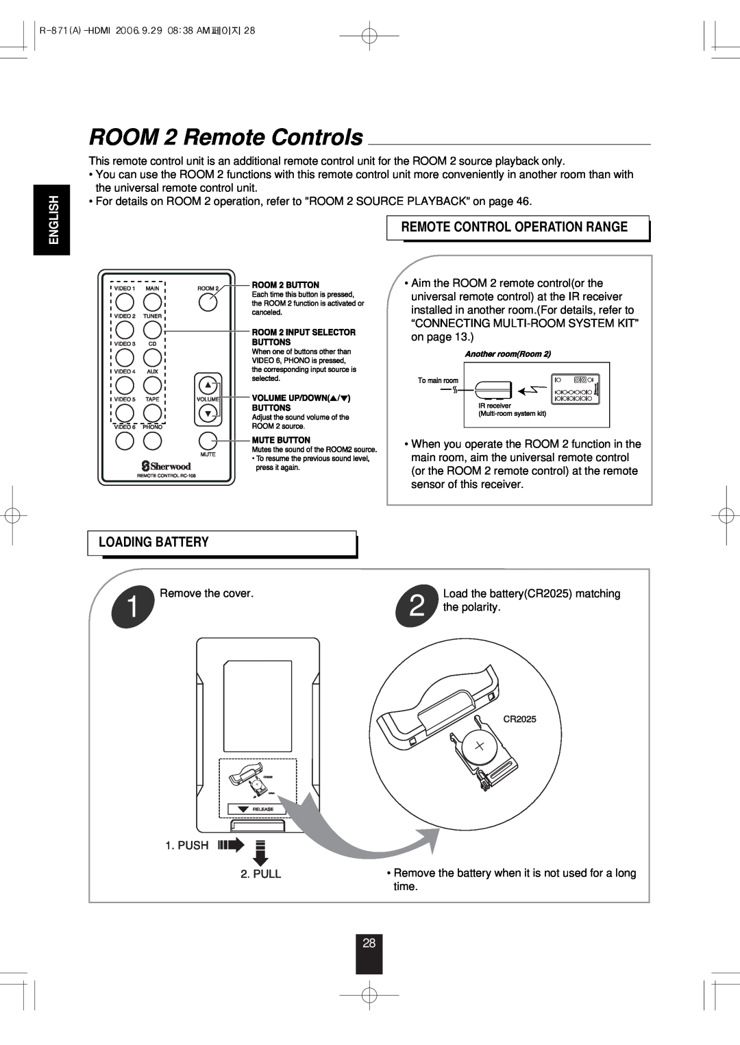 Sherwood R-871 manual ROOM 2 Remote Controls, Remote Control Operation Range, Loading Battery, English 