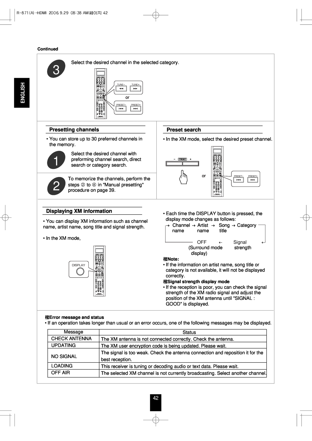 Sherwood R-871 manual Presetting channels, Preset search, Displaying XM information, English 