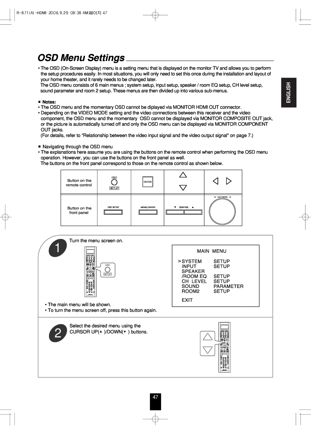 Sherwood R-871 manual OSD Menu Settings, English 
