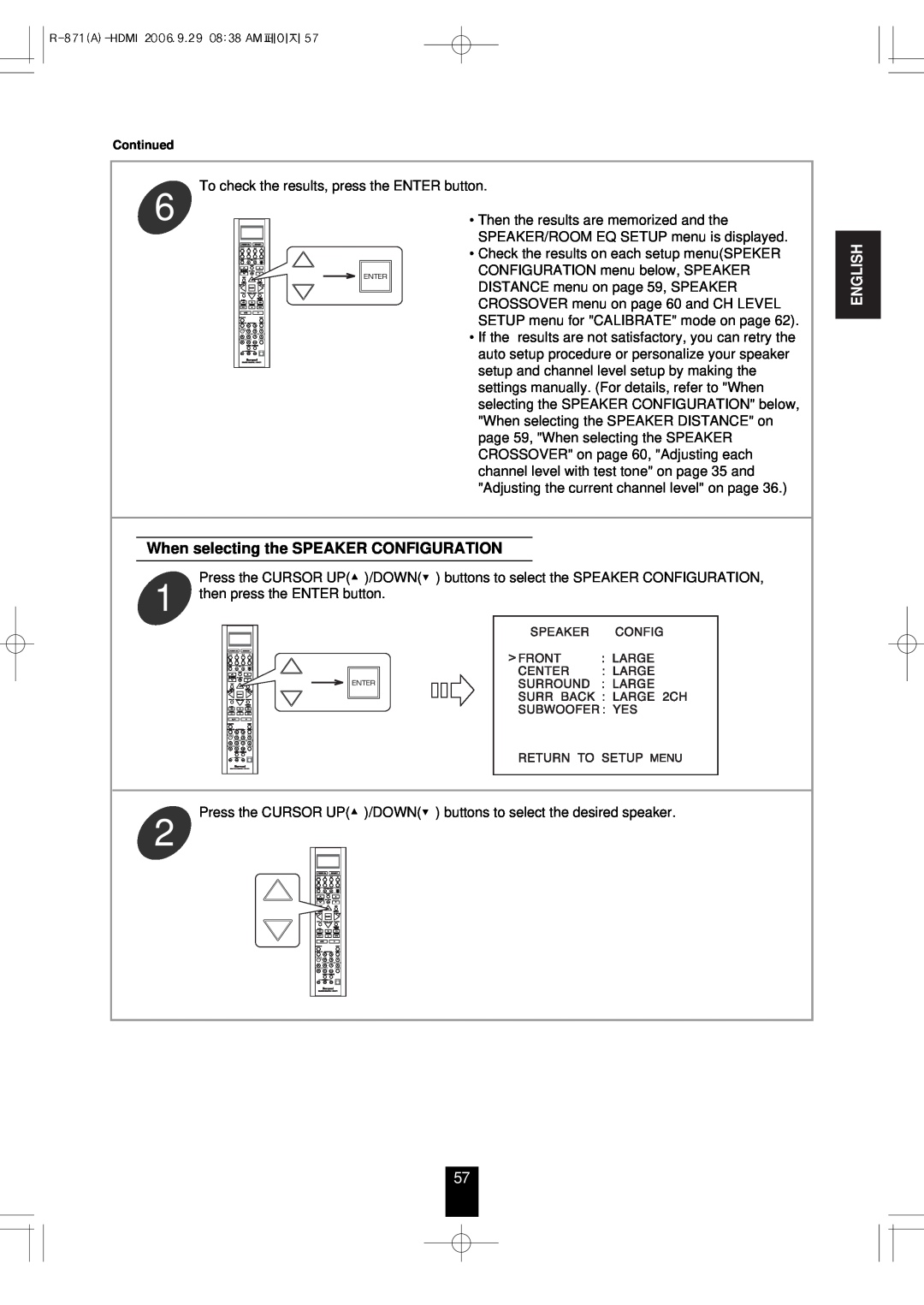 Sherwood R-871 manual When selecting the SPEAKER CONFIGURATION, English 