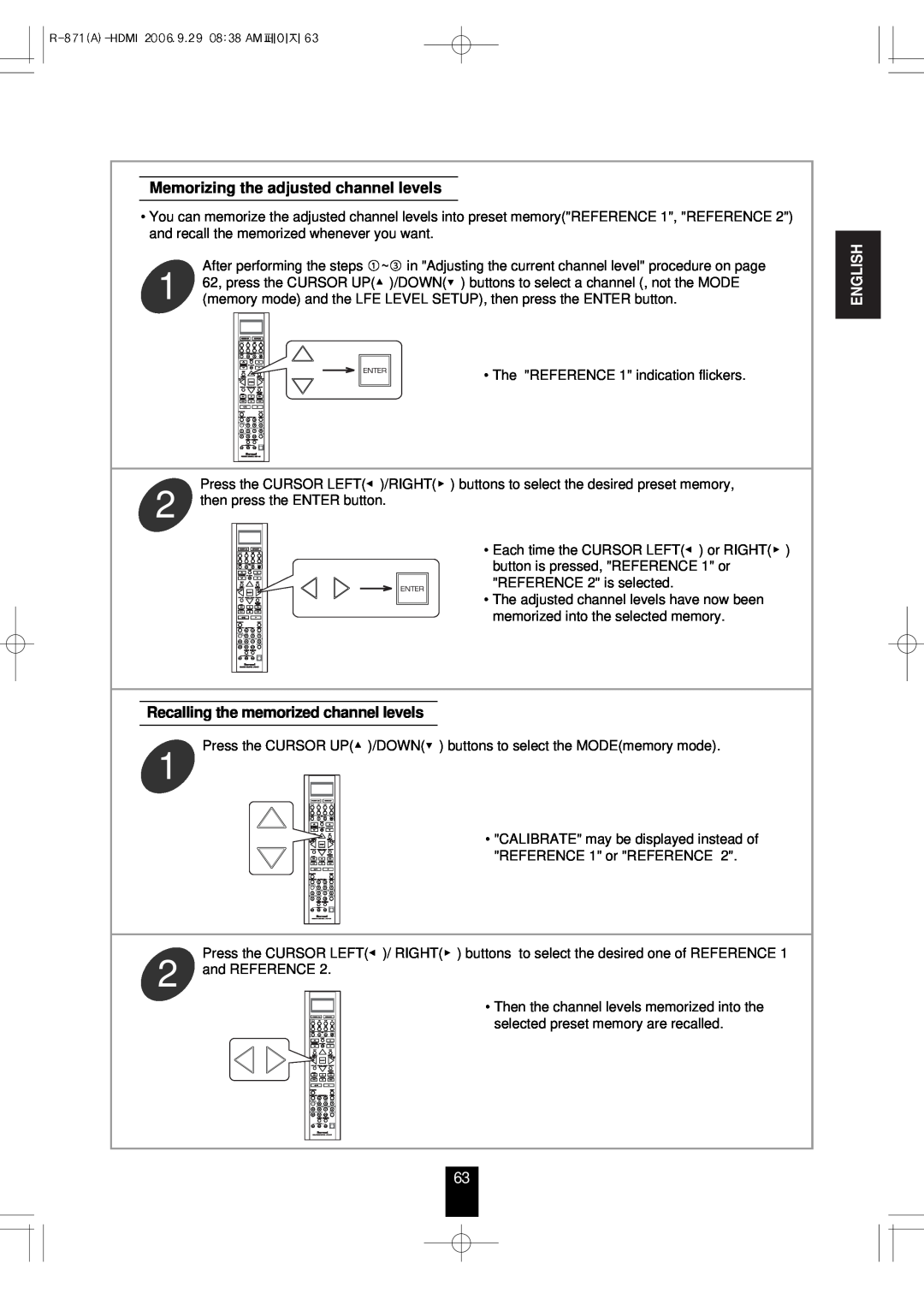 Sherwood R-871 manual Recalling the memorized channel levels, Memorizing the adjusted channel levels, English 