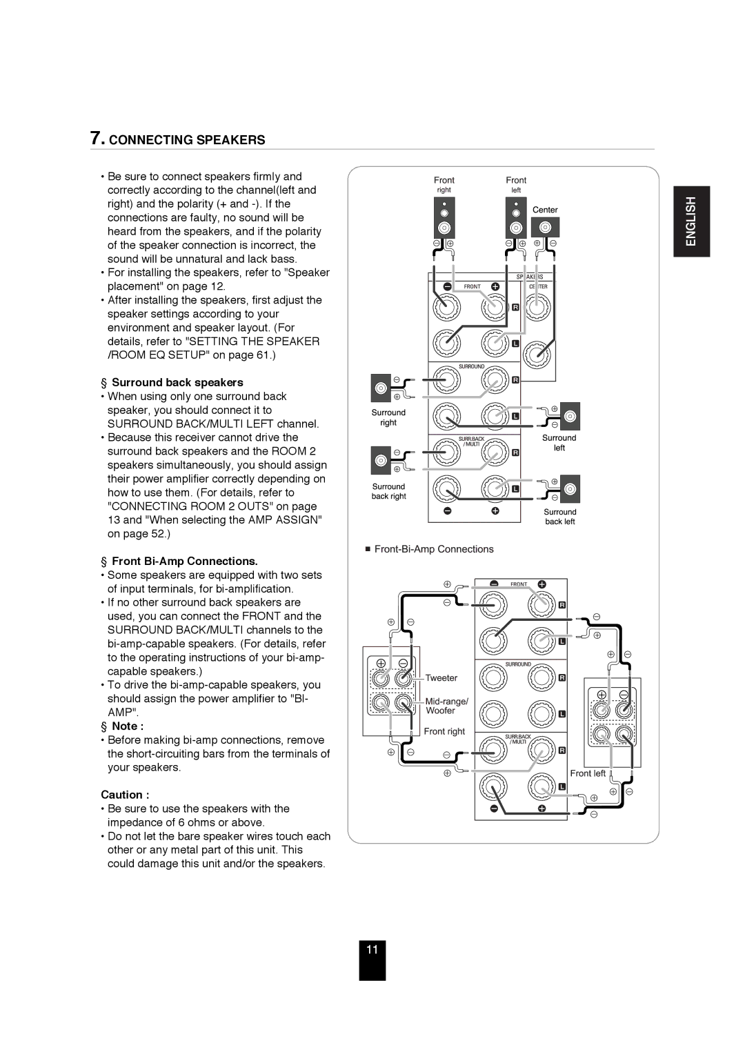 Sherwood R-872 manual Connecting Speakers, Surround back speakers, Front Bi-Amp Connections 