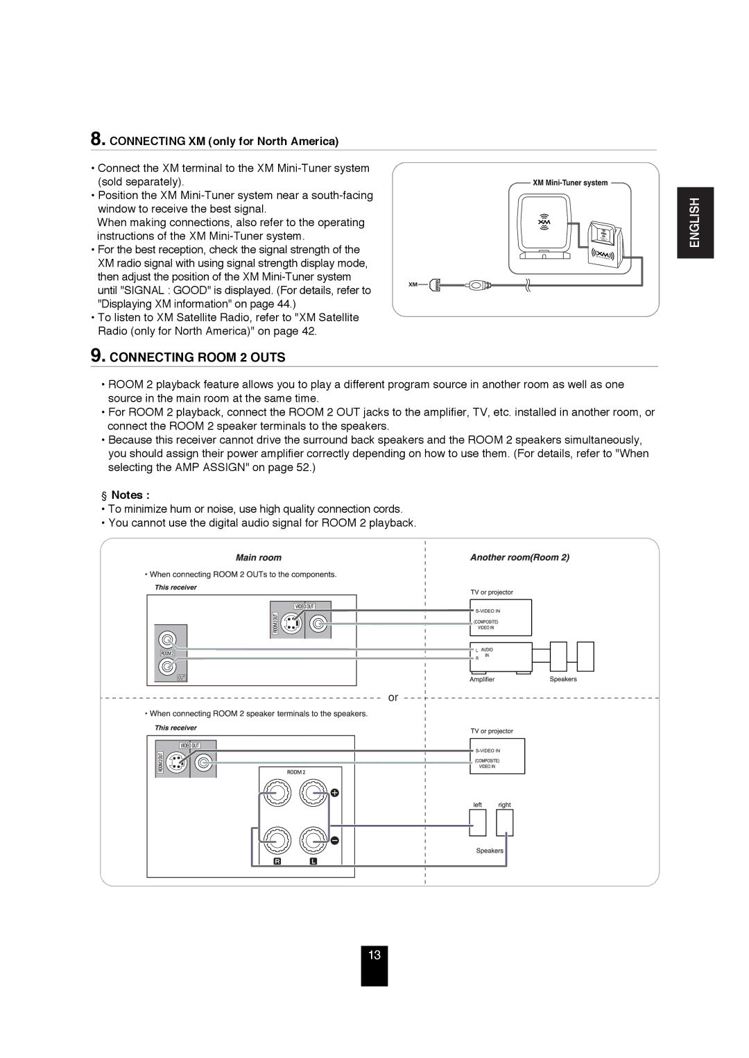 Sherwood R-872 manual Connecting Room 2 Outs, Connecting XM only for North America 