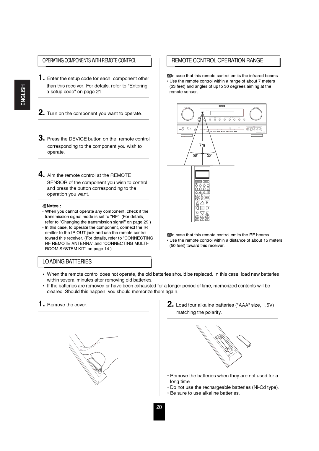 Sherwood R-872 manual Remote Control Operation Range 