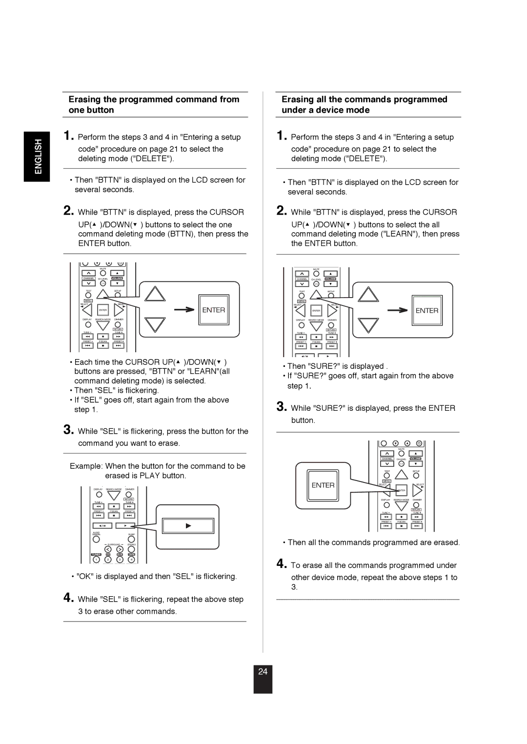 Sherwood R-872 Erasing the programmed command from one button, Erasing all the commands programmed under a device mode 