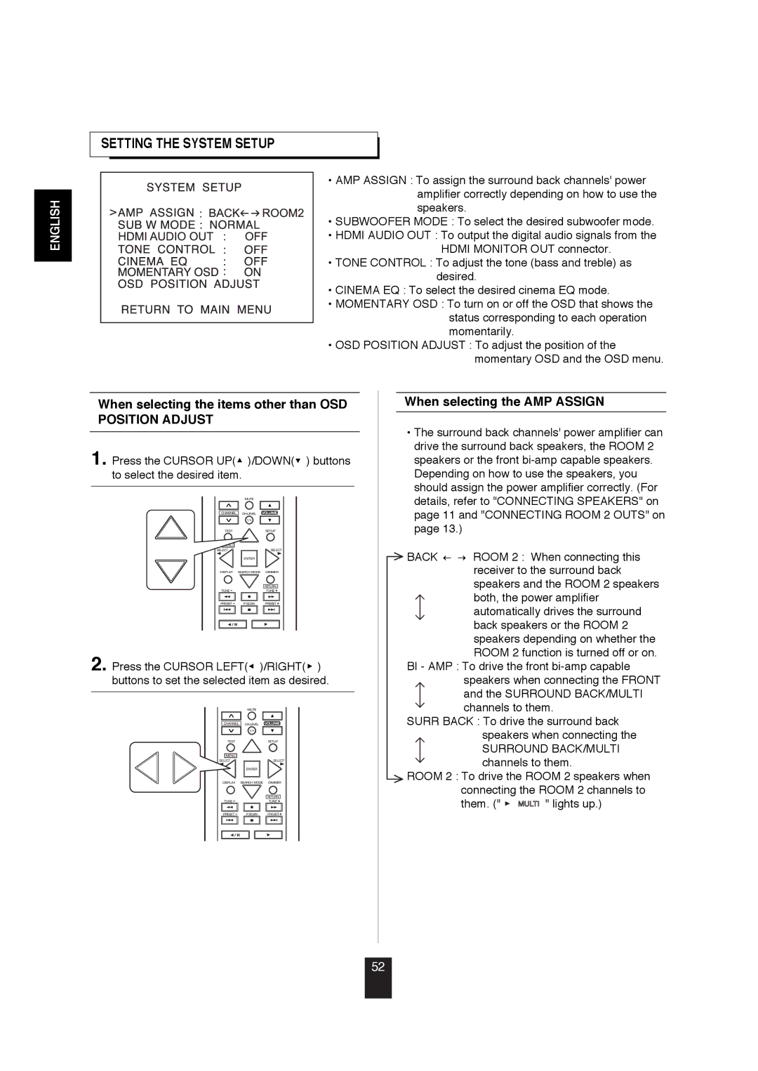 Sherwood R-872 manual Setting the System Setup, When selecting the items other than OSD Position Adjust 