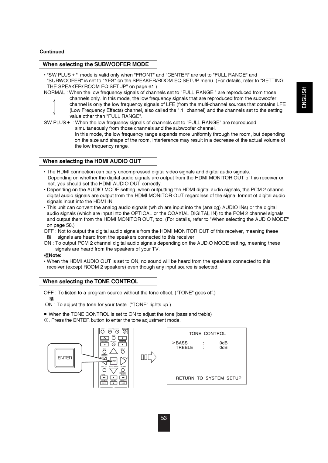 Sherwood R-872 manual When selecting the Subwoofer Mode, When selecting the Hdmi Audio OUT, When selecting the Tone Control 