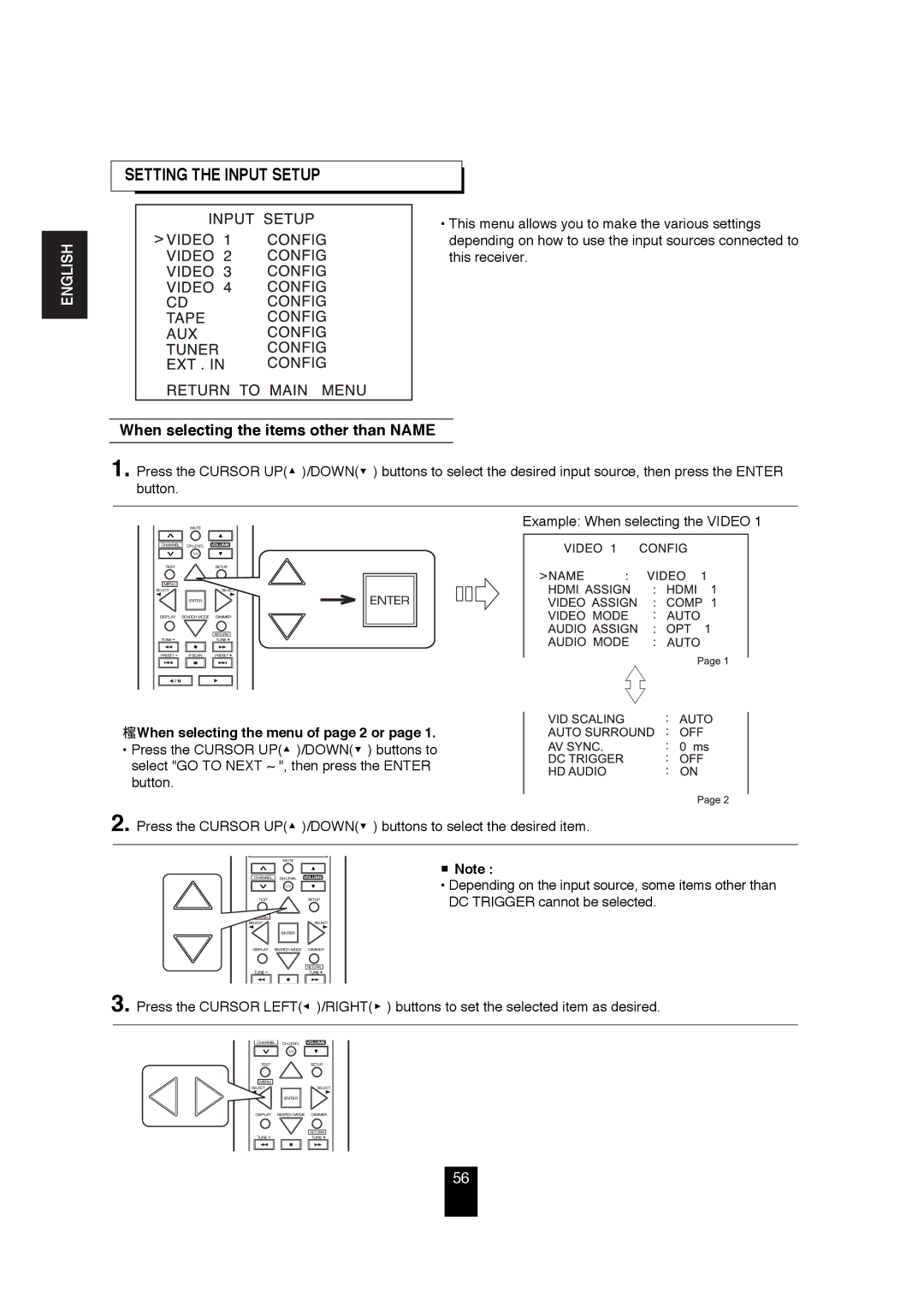 Sherwood R-872 Setting the Input Setup, When selecting the items other than Name, When selecting the menu of page 2 or 