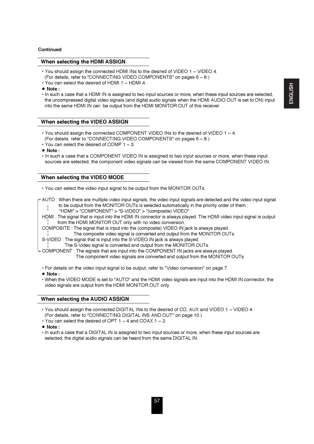 Sherwood R-872 manual When selecting the Hdmi Assign, When selecting the Video Assign, When selecting the Video Mode 