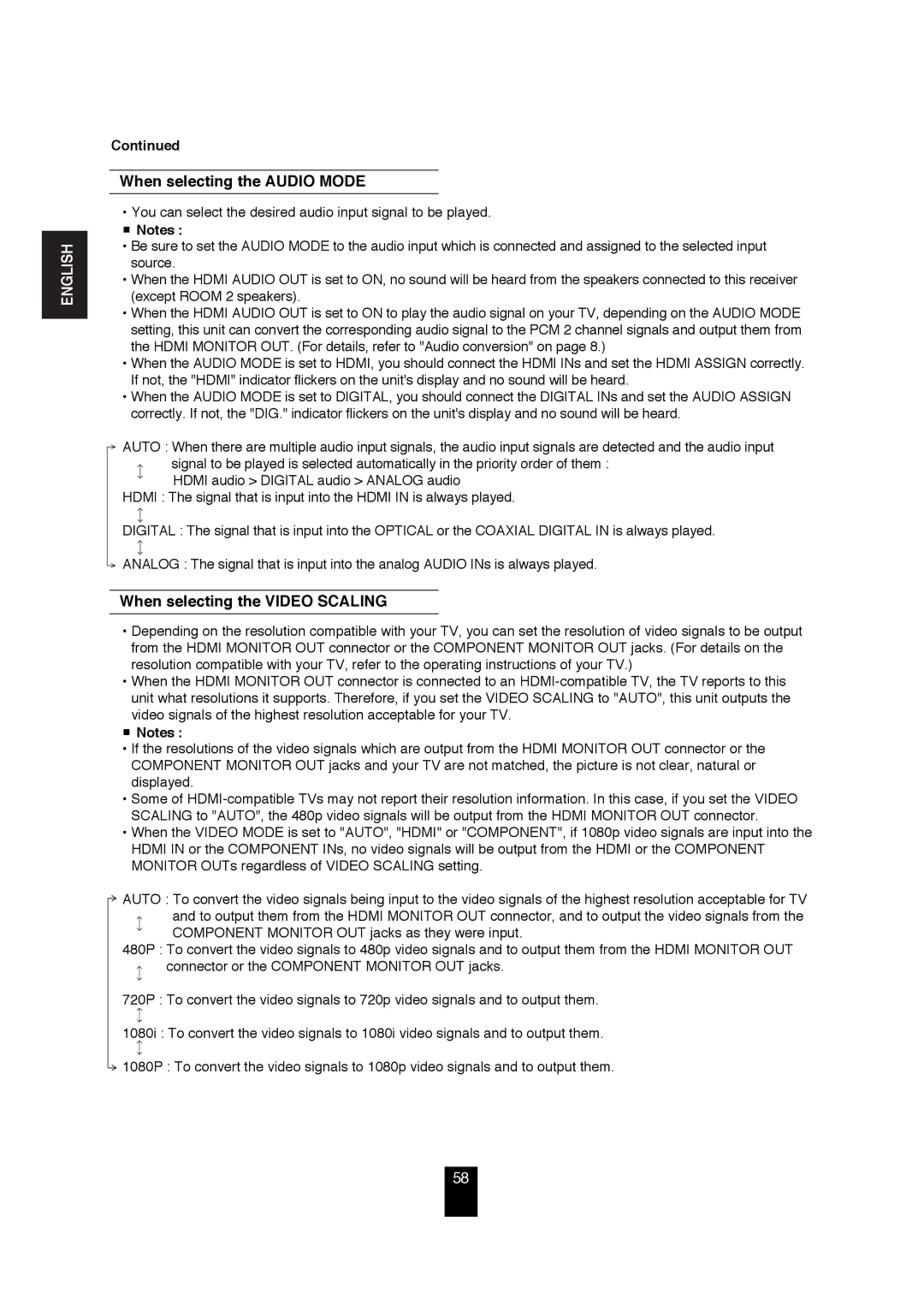 Sherwood R-872 manual When selecting the Audio Mode, When selecting the Video Scaling 