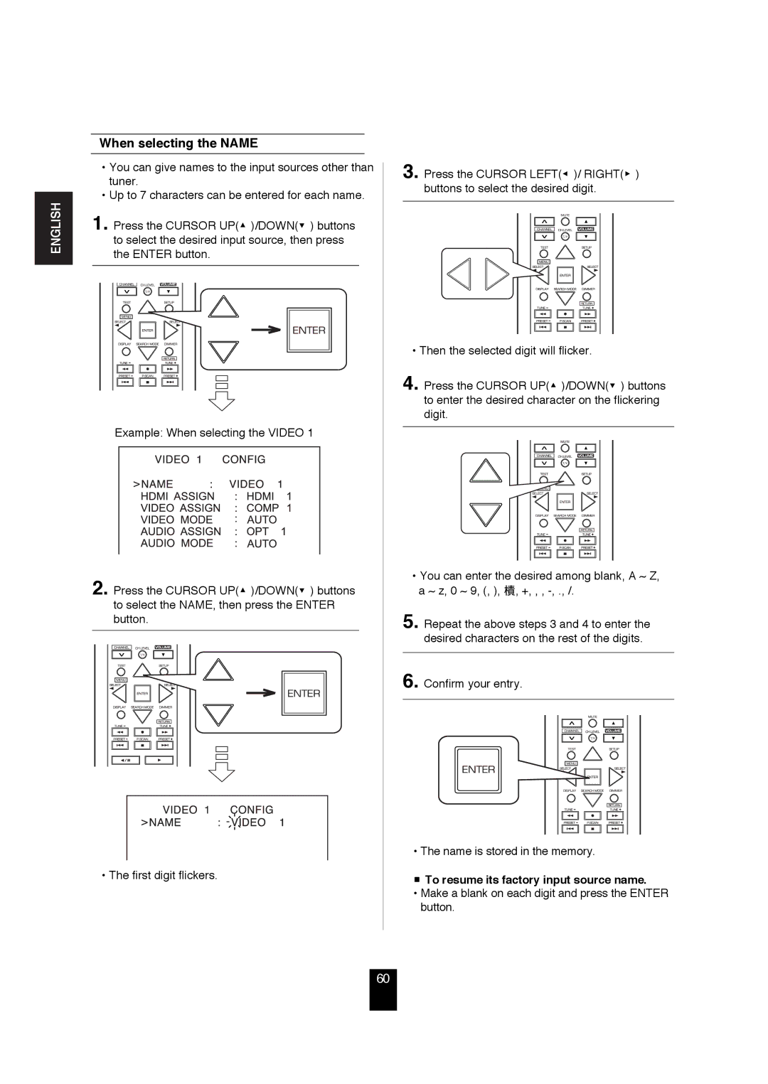 Sherwood R-872 manual When selecting the Name, To resume its factory input source name 