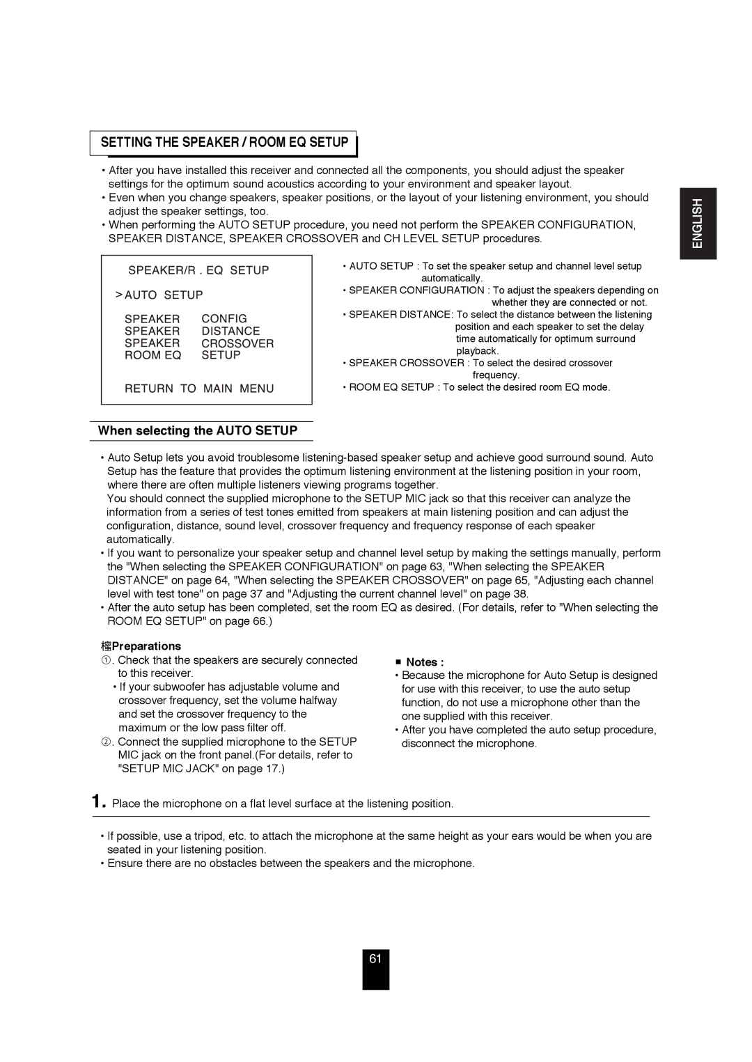 Sherwood R-872 manual Setting the Speaker / Room EQ Setup, When selecting the Auto Setup, Preparations 