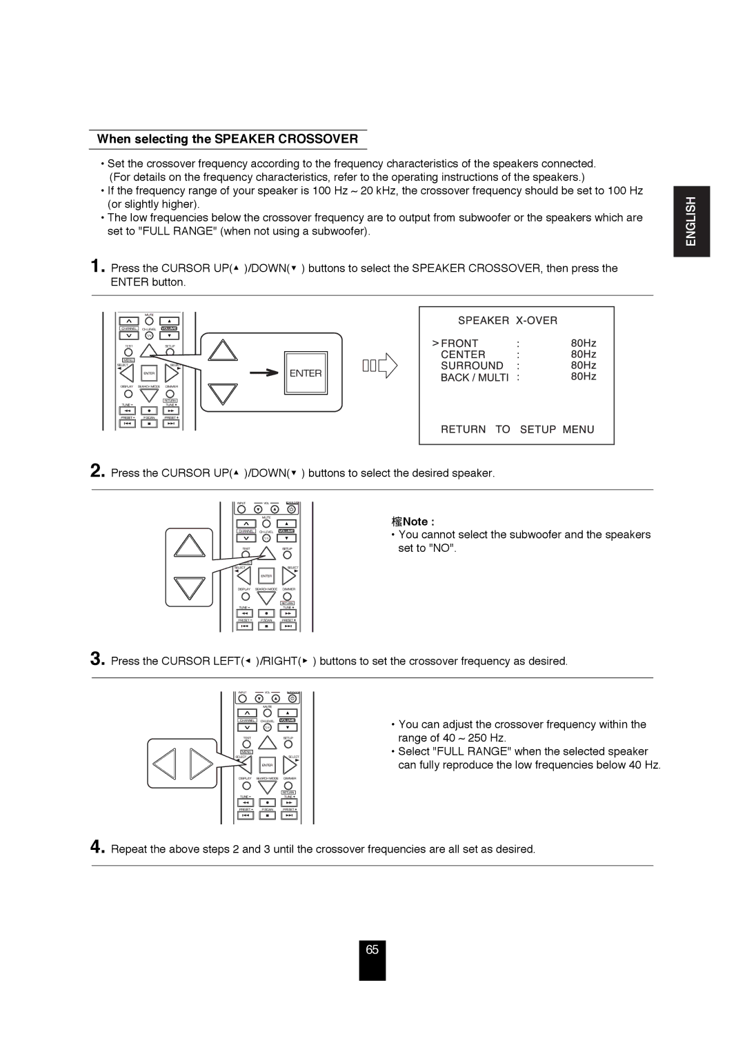 Sherwood R-872 manual When selecting the Speaker Crossover 