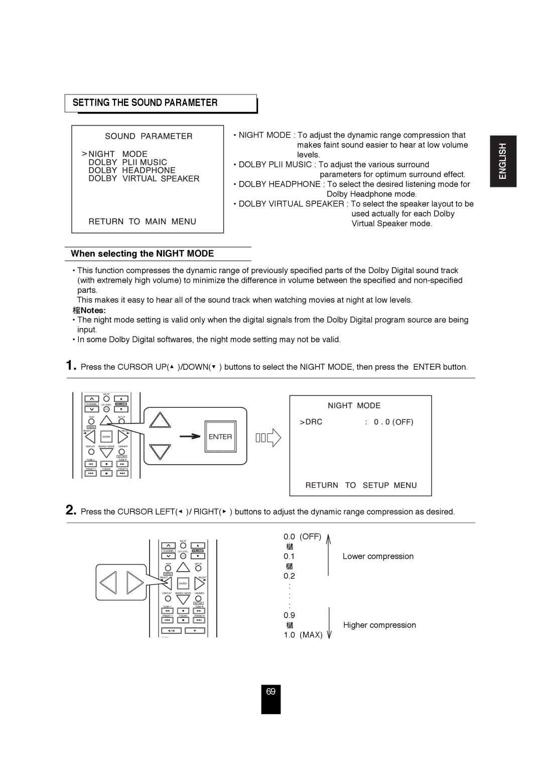 Sherwood R-872 manual Setting the Sound Parameter, When selecting the Night Mode 