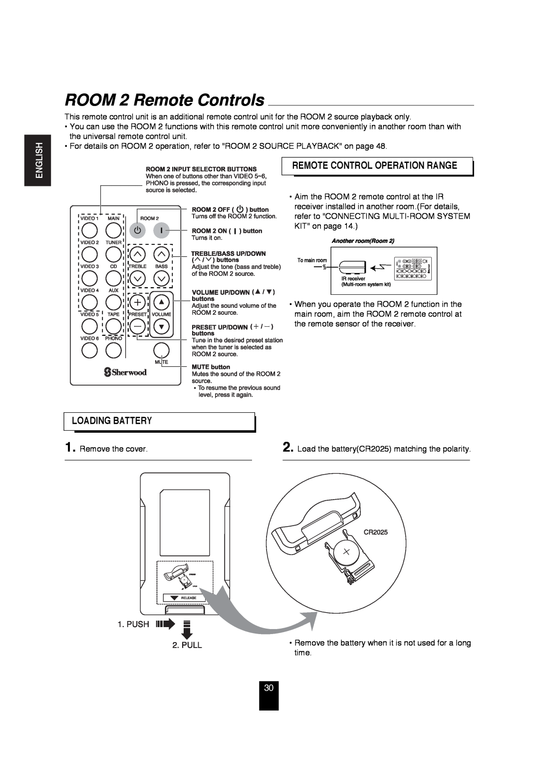 Sherwood R-872 manual ROOM 2 Remote Controls, Remote Control Operation Range, Loading Battery, English 