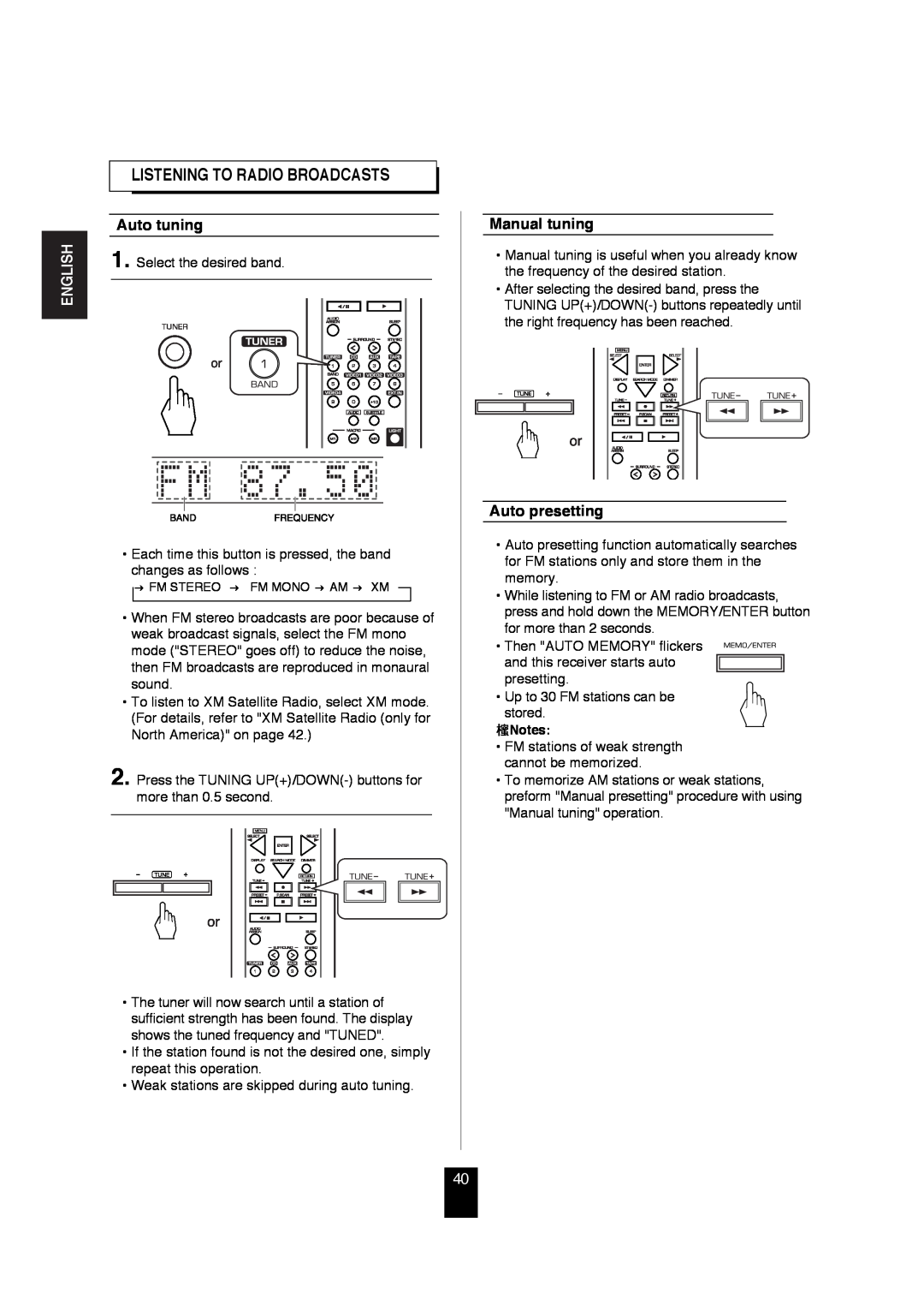 Sherwood R-872 manual Listening To Radio Broadcasts, Auto tuning, Manual tuning, Auto presetting, English 