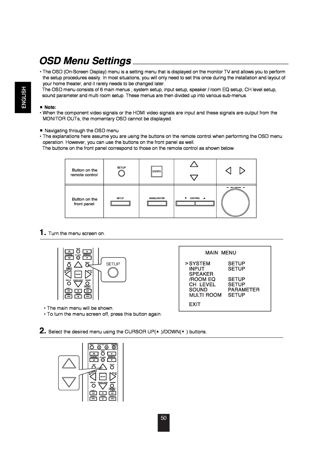 Sherwood R-872 manual OSD Menu Settings, English, Multi 