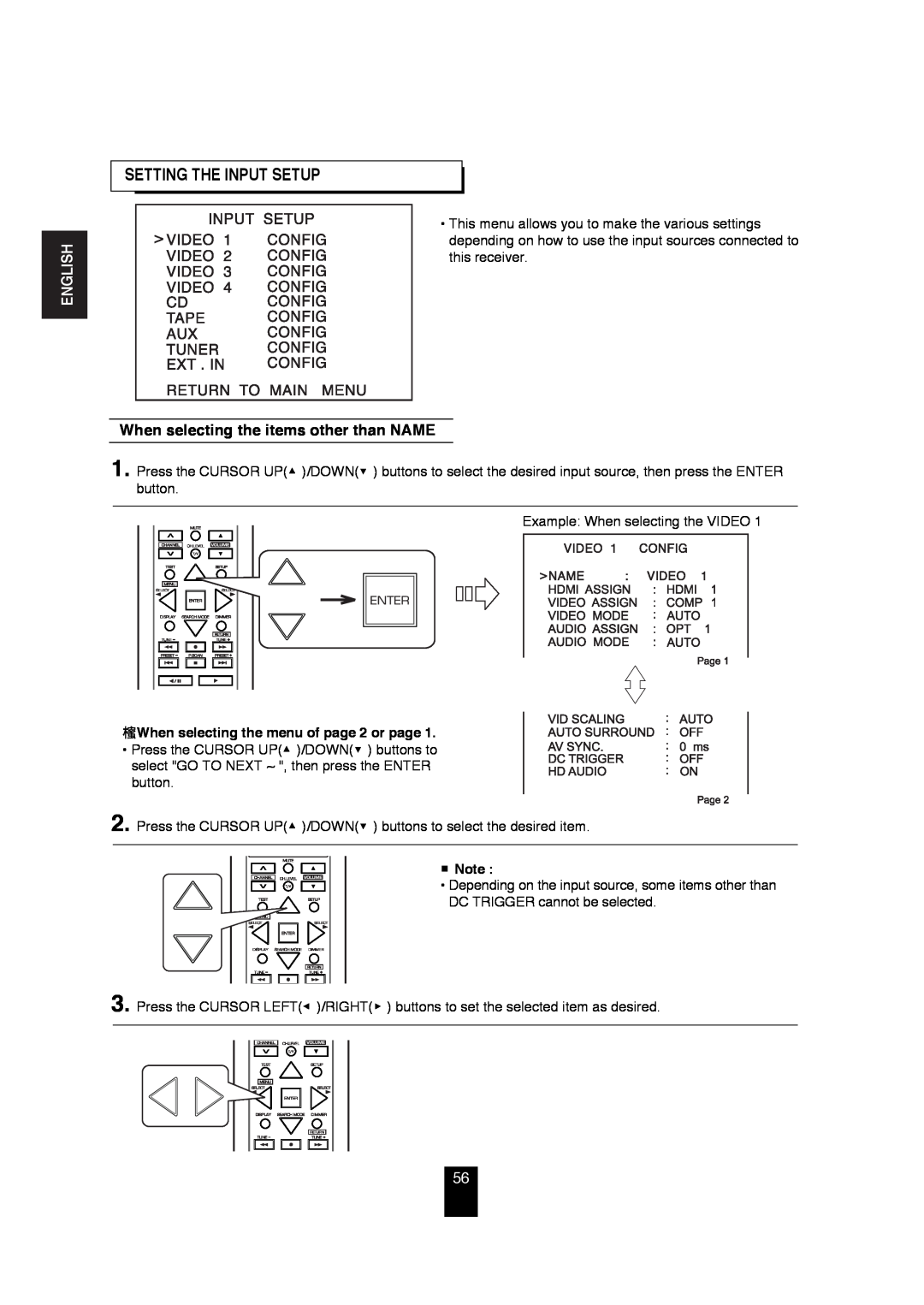 Sherwood R-872 manual Setting The Input Setup, When selecting the items other than NAME, English 