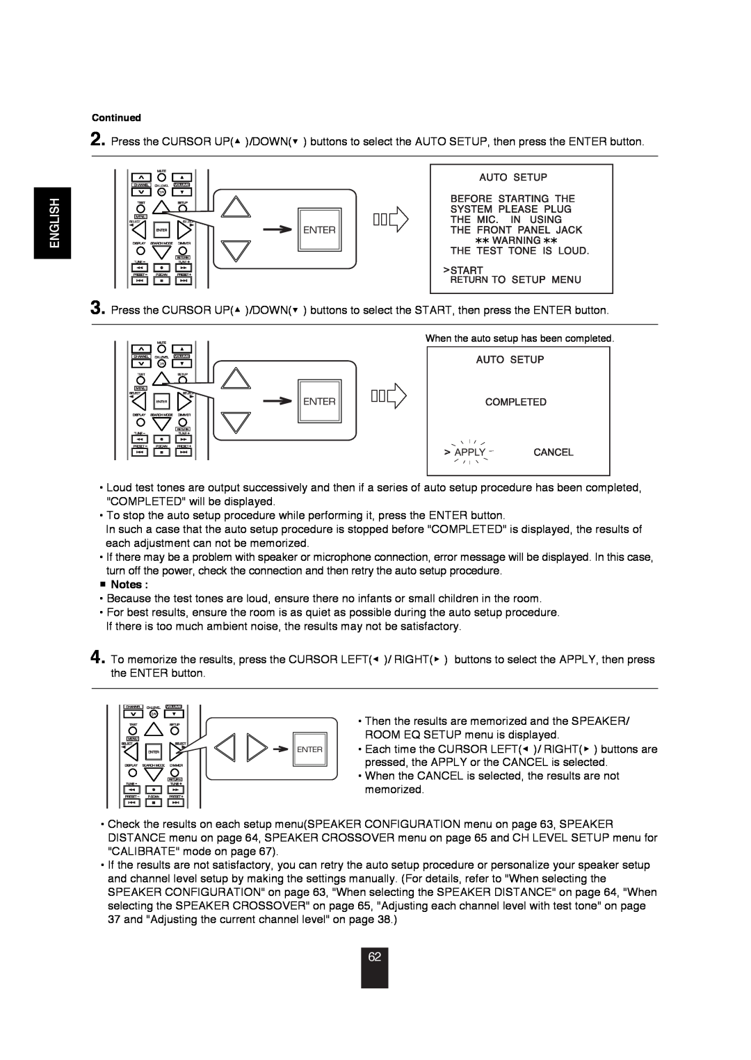 Sherwood R-872 manual English, Continued, When the auto setup has been completed 