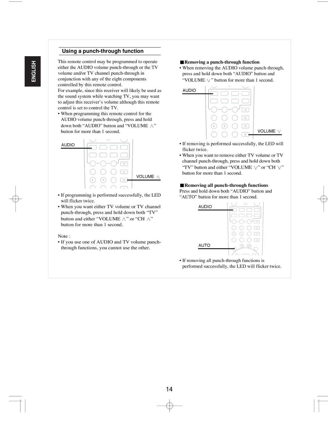 Sherwood R-903R manual Using a punch-through function, Removing a punch-through function 