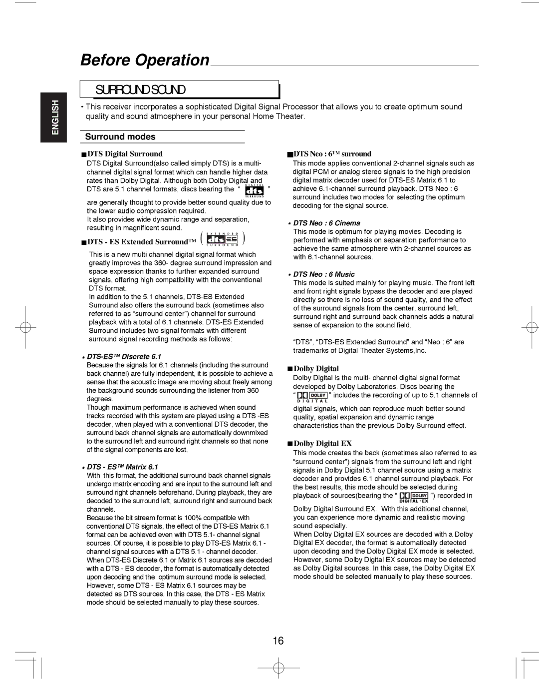 Sherwood R-903R manual Before Operation, Surround modes 