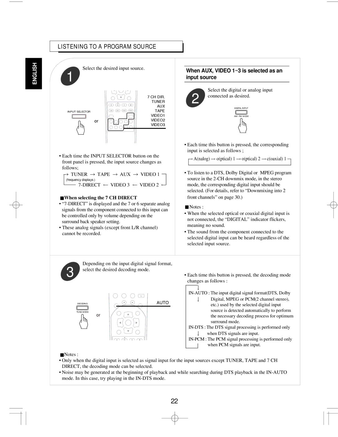 Sherwood R-903R manual When AUX, Video 1~3 is selected as an input source, When selecting the 7 CH Direct 