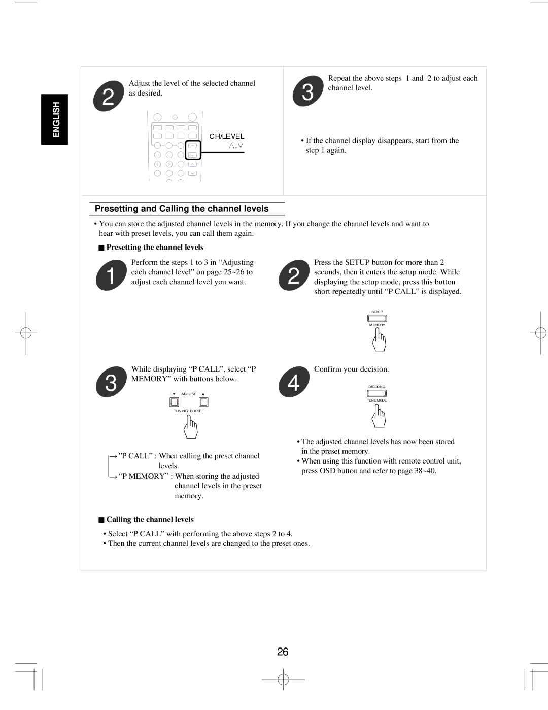 Sherwood R-903R manual Presetting and Calling the channel levels, Presetting the channel levels 