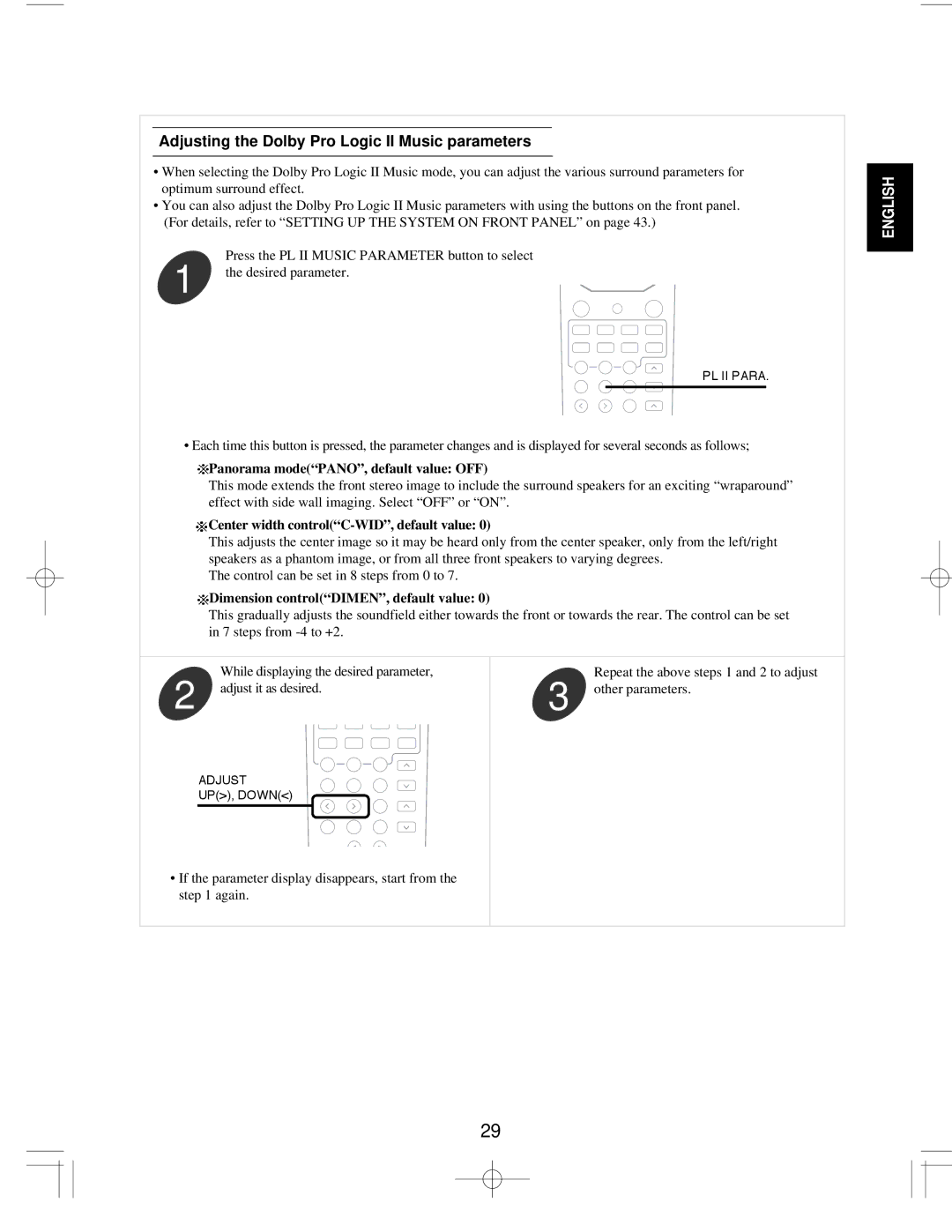 Sherwood R-903R manual Adjusting the Dolby Pro Logic II Music parameters, Panorama modePANO, default value OFF 