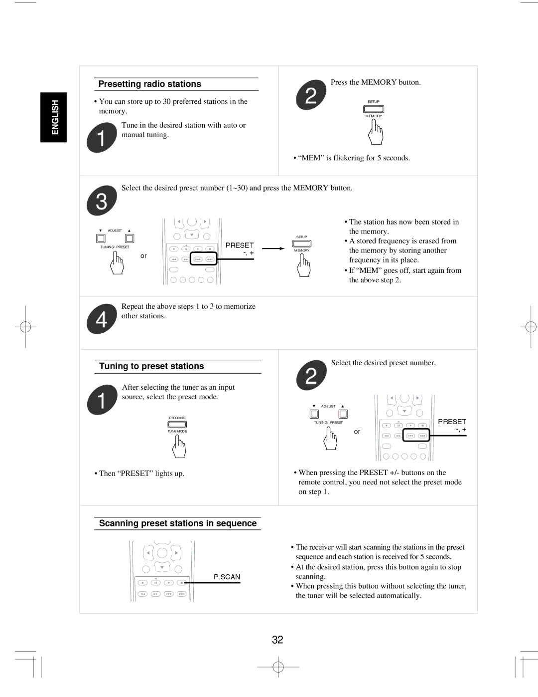 Sherwood R-903R manual Presetting radio stations, Tuning to preset stations, Scanning preset stations in sequence 