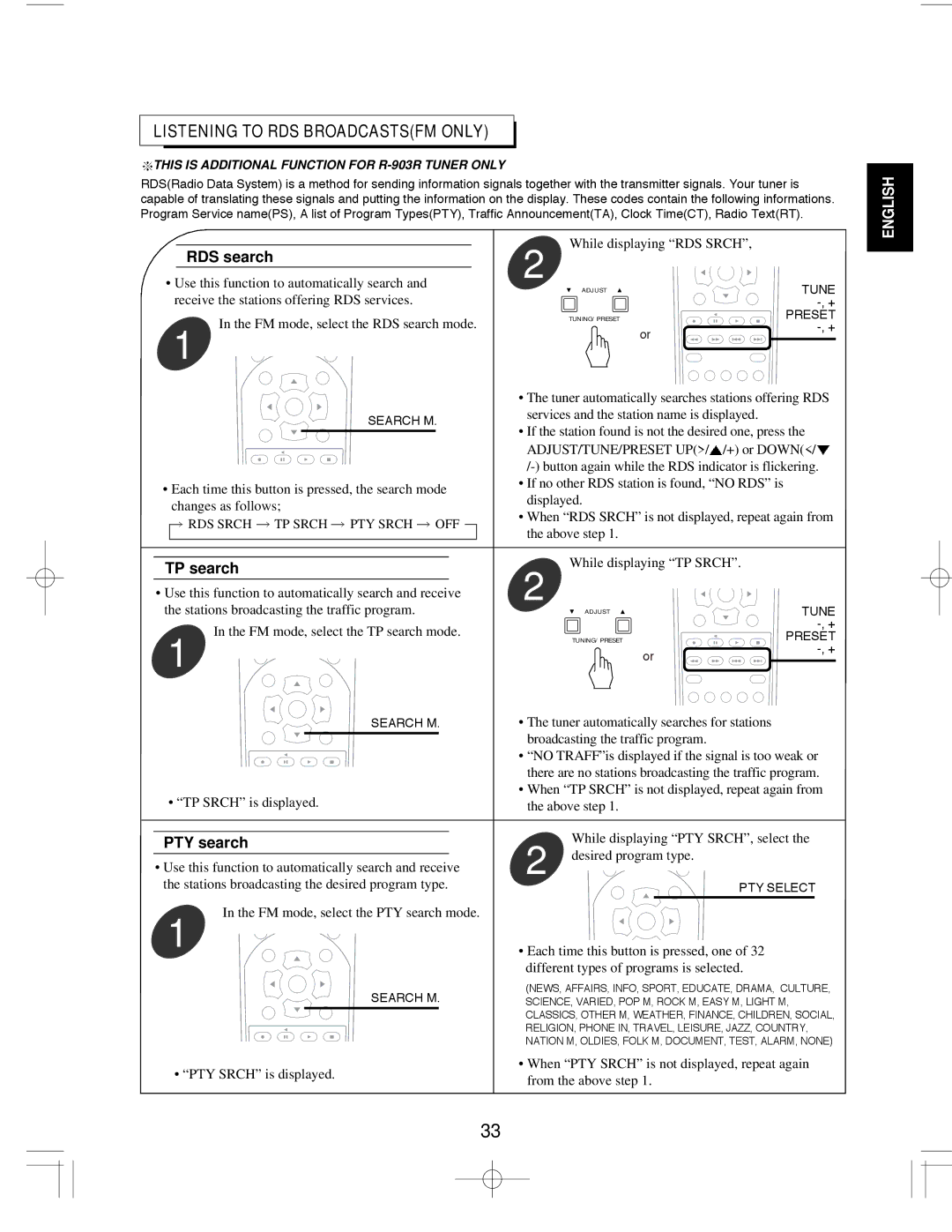 Sherwood R-903R manual Listening to RDS Broadcastsfm only, RDS search, TP search, PTY search 