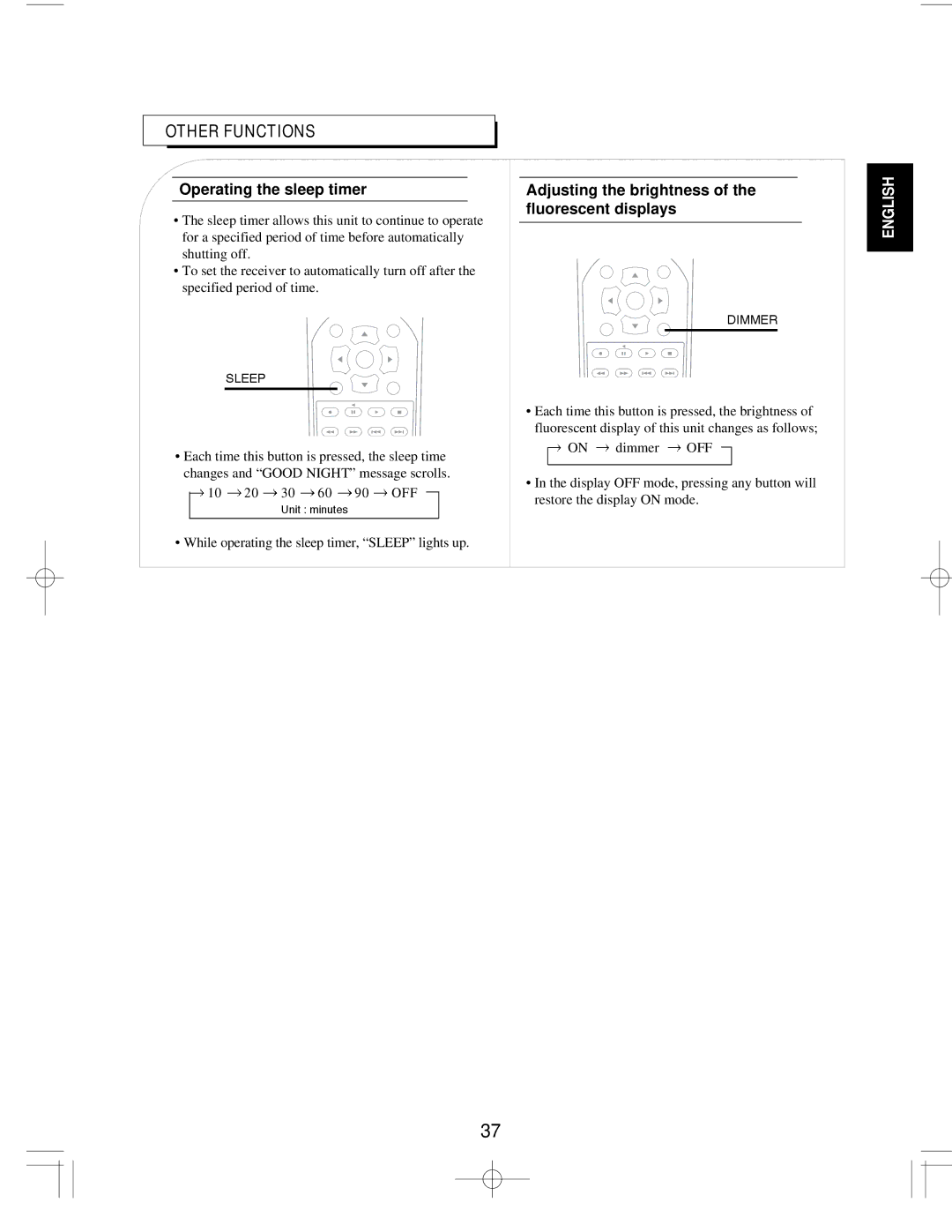 Sherwood R-903R manual Other Functions, Operating the sleep timer, Adjusting the brightness of the fluorescent displays 